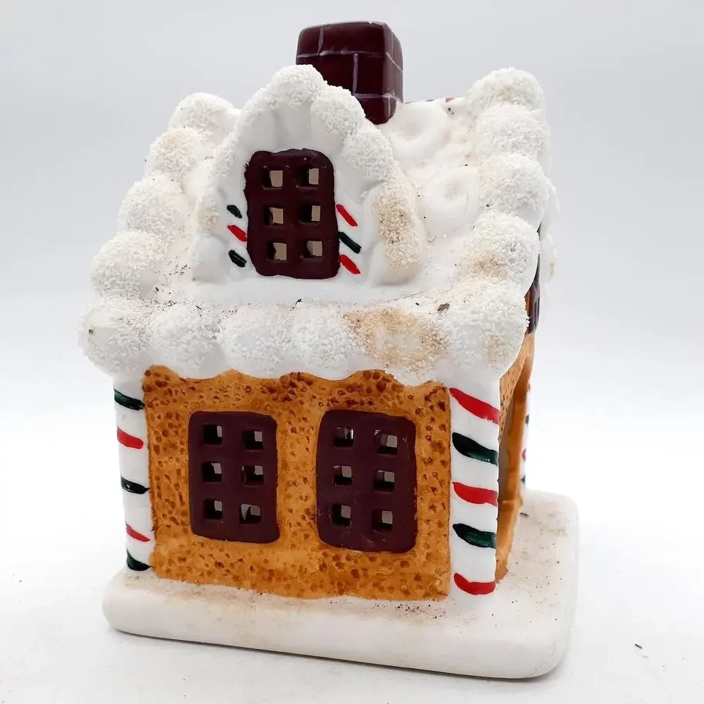 Ceramic Gingerbread House Tealight Candle Holder Snow Roof Holiday Decor